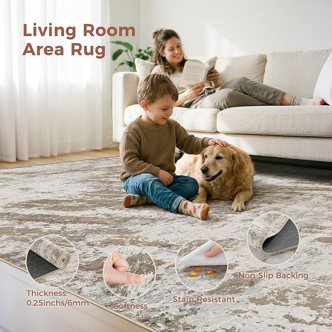 DMOYEST 8x10 Washable Area Rug: Abstract Modern Non-Slip Carpet, Soft Low Pile Indoor Neutral Easy Clean Floor Rugs for Living Room Bedroom Dining Room Kids & Pets - Brown