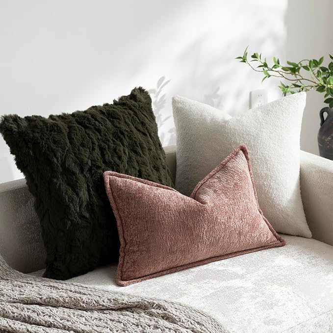 DEZENE Pack of 2 Pink Decorative Throw Pillow Covers 12x20 Cozy Soft Chenille Boho Accent Vintage Farmhouse Rectangular Lumbar Couch Pillow Covers for Home Decor Bed Sofa Living Room
