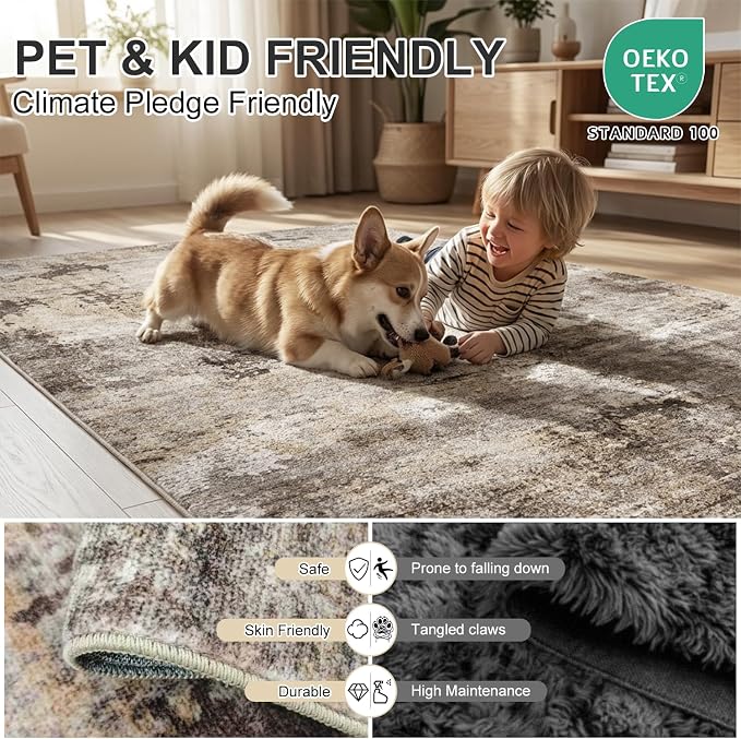 Washable Area Rug for Living Room Modern Abstract Distressed Large Carpet Water Resistant 0.26" Low Pile Floor Mat for Dining Room Bedroom Office, Brown, 8'x10'