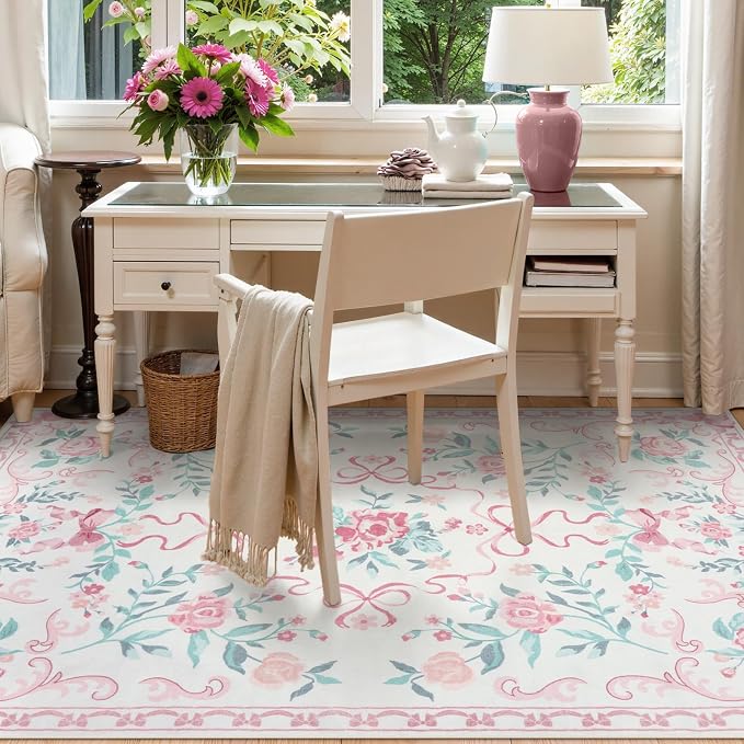 Collive Pink Rugs for Bedroom Girls, 4x6 Floral Washable Area Rug Non Slip, Soft Indoor Decor Elegant Carpet for Kids Room Nursery Living Room Dining Room (Pink 4' x 6')