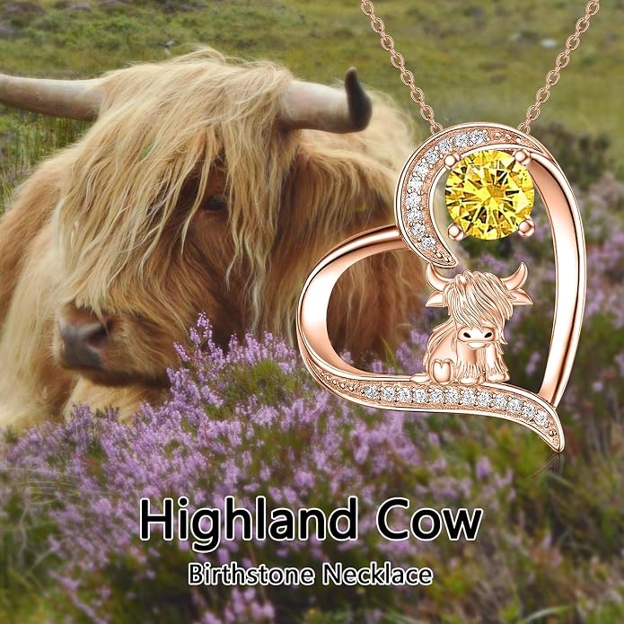 Highland Cow Gifts for Women 925 Sterling Silver Highland Cow Birthstone Necklace Fluffy Cow Jewelry Gifts Birthday Christmas