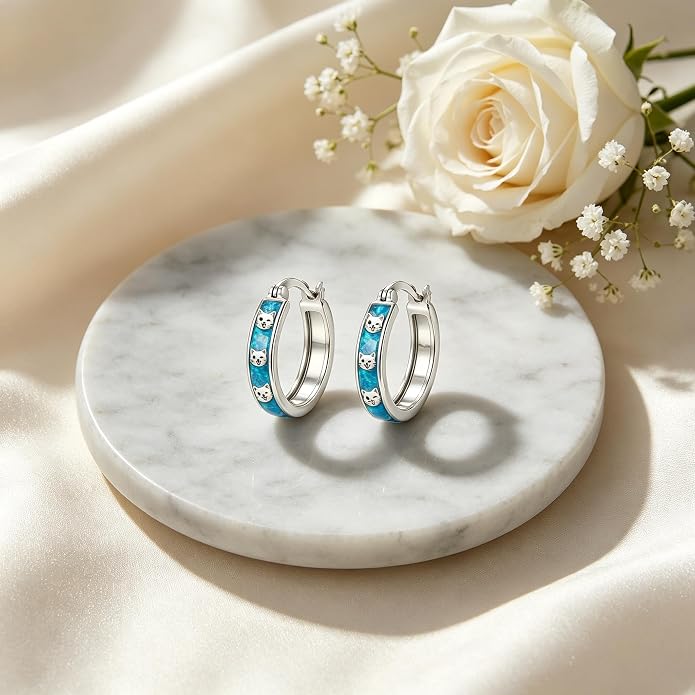Opal/Turquoise Huggie Earrings 925 Sterling Silver Opal/Turquoise Small Animal Huggie Hoop Earrings Animal Huggies Earring Jewelry Gifts for Women Mom Her