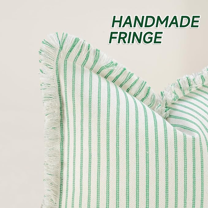 ZWJD Throw Pillow Covers 24x24 Set of 2 Green Striped Pillow Covers with Fringe Chic Cotton Decorative Pillows Square Cushion Covers for Sofa Couch Bed Living Room Farmhouse Home Decor