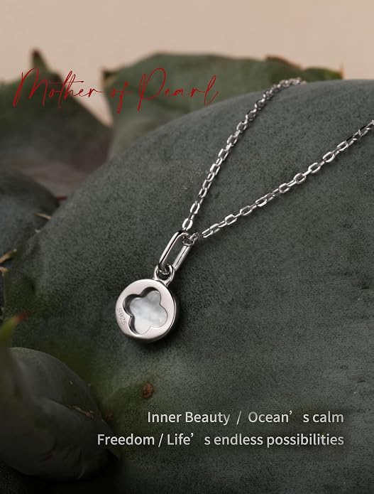 S.Leaf Sterling Silver Pearl Necklace for Women Gold Plated Double-sided Mother of Pearl Four Leaf Clover Shell Necklace Dainty Pendant Necklaces Gift for Women Her Mother Daughter Bridesmaids