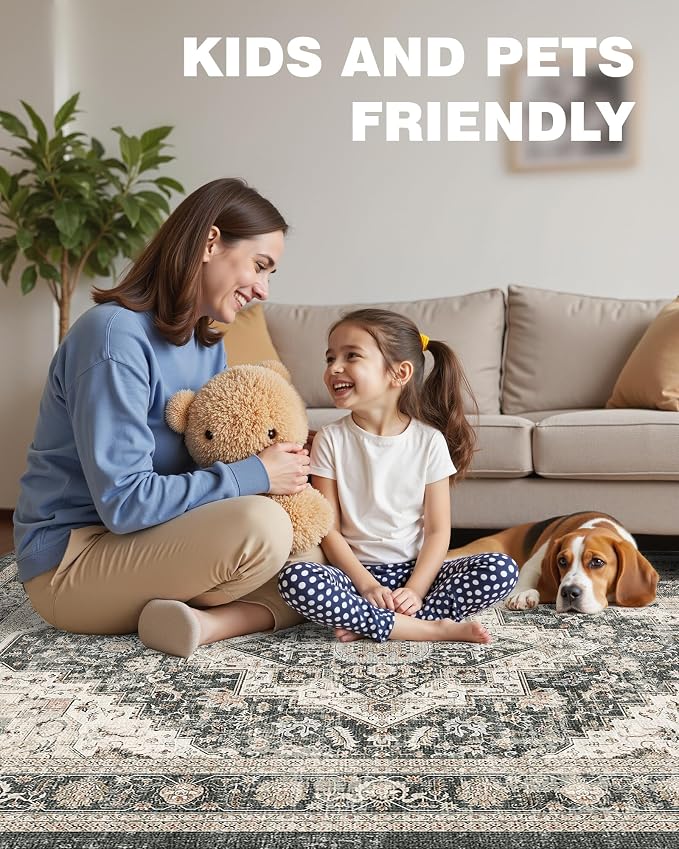 Roxstand 8x10 Washable Area Rugs, Vintage Living Room Rug, Black/Beige | Low Pile with Non-Slip Backing, Stain Resistant, Pet and Kid Friendly, Carpet for Bedroom, Dining Room