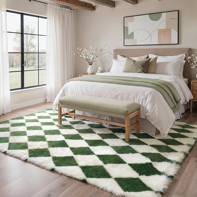 GENIMO Checkered Rug 8x10 Area Rugs for Kids Bedroom Soft Shag Rug Fluffy Fuzzy Carpet Plush Rugs for Living Room Nursery Playroom Dorm Modern Home Decor Aesthetic, Green and White