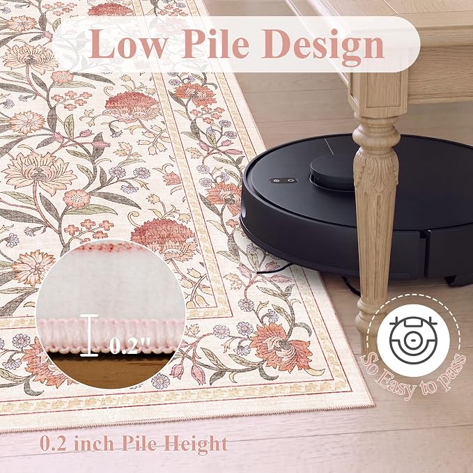 DUKINO 9x12 Area Rug for Living Room Vintage Floral Washable Rug Beige Pink | Non Slip, Low Pile, Non-Shedding, Stain Resistant, Aesthetic Soft Indoor Large Carpet for Bedroom Dining Room Farmhouse