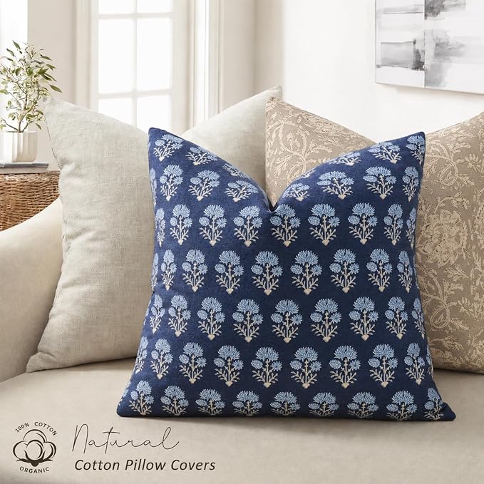 Farmhouse Floral Pillow Covers 20x20 Set of 2, Country Botanical Throw Pillow Cover for Sofa Couch Bed Living Room, Earthic Vintage Flower Cushion Covers Cottage Home Decor,Indigo Bloom
