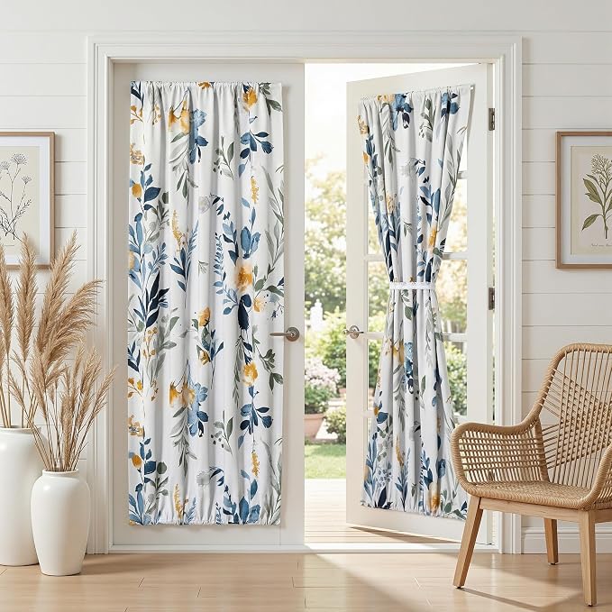 MYSKY HOME Floral French Door Curtains 72 inch Long 2 Panels - Blackout Privacy Sidelight Door Window Drapes with Rod Pocket, Yellow and Blue, 24" W Each Panel