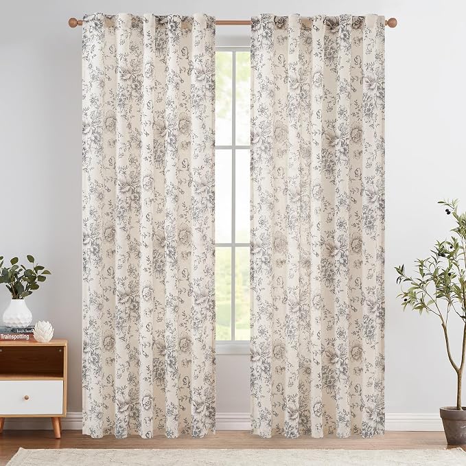 jinchan Black Floral Linen Curtains 84 Inch Vintage Back Tab 2 Panels | Light filtering drapes, semi sheer, farmhouse, cottagecore, rustic, living room, bedroom, rod pocket, window treatment