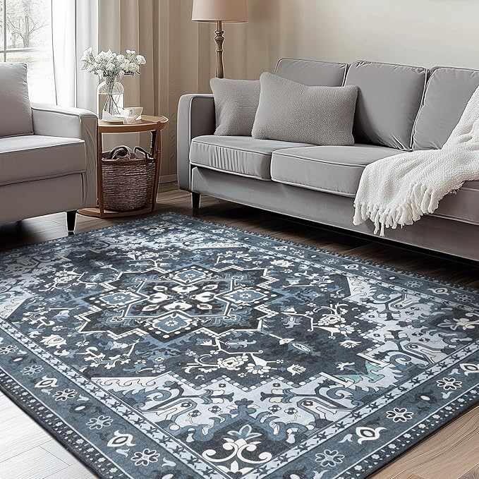 Rugflix 4x6 Area Rugs Machine Washable, Dark Navy Blue Carpet for Living Room, Oriental Indoor Area Rug Low Pile, Large Soft Thick Carpets Non Slip, Farmhouse Vintage Rug for Bedroom Dining Room