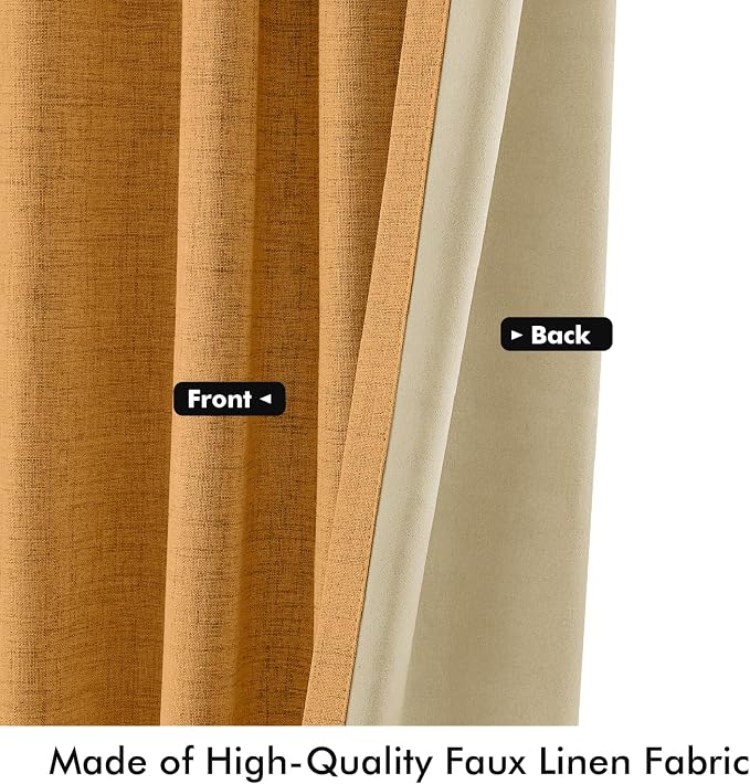 MIULEE Fall 100% Blackout Linen Curtains 42" x 72" Mustard Yellow 2 Panels | Thermal Insulated, Room Darkening Drapes for Bedroom Living Room, Back Tab Rod Pocket Pinch Pleated, Solid Luxury Decor