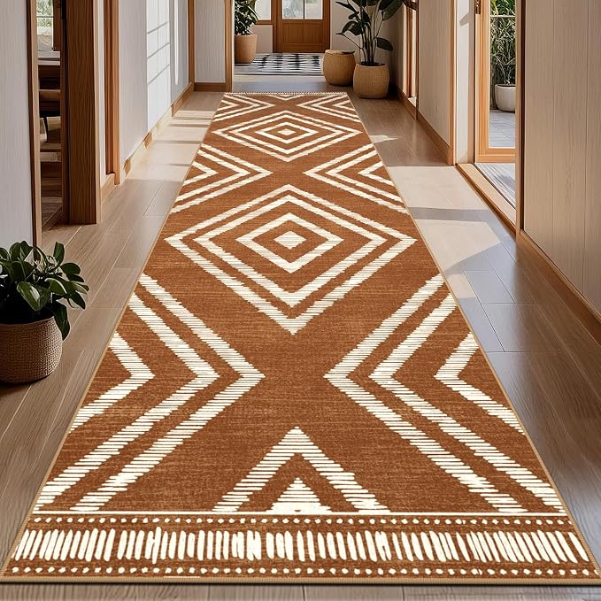 Boho Runner Rugs for Hallway 2.6x12ft Non Slip, Long Brown Washable Farmhouse Kitchen Rug Runners Non Shedding, Moroccan Floor Carpets for Doorway Entryway Living Room Home Decor