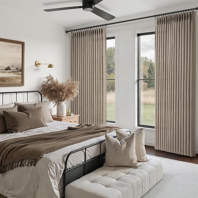 Pinch Pleated Semi Sheer Linen Living Room Curtains 96 Inches Long, Dark Flax Memory Shape Light Filtering 8FT Length Curtain for Bedroom Brown Privacy Rustic Windows Drapes 50 Inch Wide 2 Panels Set