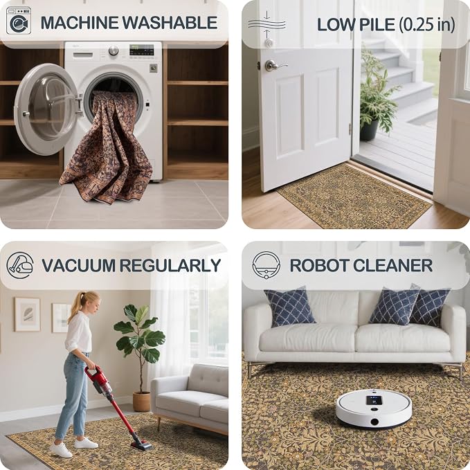 8x10 Washable Area Rugs for Living Room, Stain Resistant Vintage Rugs for Dining Room Under Kitchen Table, Bedroom, Floral Low Pile Non-Slip Large Carpet (8 x 10 Goldenrod)