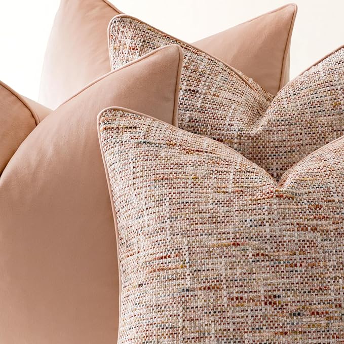 a moment Light Pink 4 Pack Throw Pillow Covers - Chenille & Velvet Set with Piping, Farmhouse Textured Design Pillow Cases for Couch Sofa Bed Livingroom (22x22 Inch, No Insert)