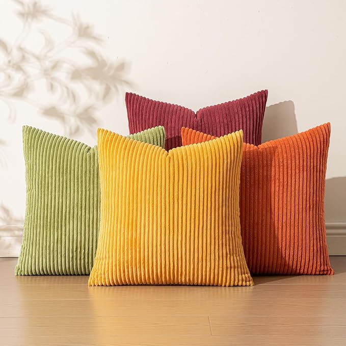 EMEMA Burnt Orange Decorative Throw Pillow Covers for Couch Bed Livingroom 20x20 Inch Set of 4 Boho Farmhouse Corduroy Striped Square Pillow Case,Western Modern Cushion Covers Home Decor