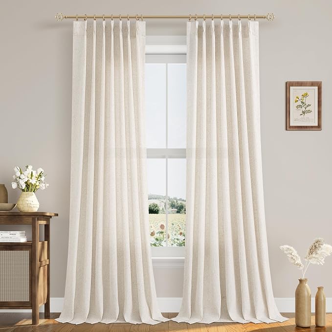 Natural Cream Pinch Pleated Linen Curtains 95 Inches Long for Living Room Bedroom Pinch Pleat with Hooks for Track Back Tab Light Filtering Boho Farmhouse Semi Sheer 95 Inch Curtain for Dining Room
