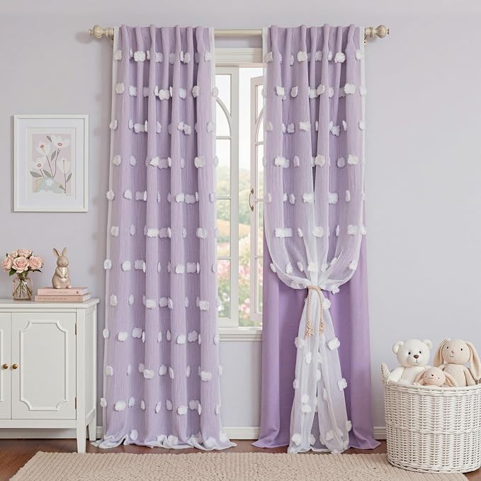 MYSKY HOME Purple Blackout Curtains for Sliding Door White Sheer Pom Pom Curtains for Living Room Double Layer Window Panels Room Darkening Curtain Drapes Back Tab, Set of 2, W52 X L102