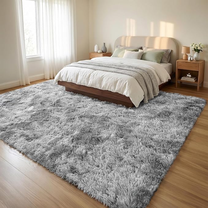 Fluffy 5x7 Area Rugs for Bedroom: Tie-dye Light Grey Soft Shag Rug for Living Room, Large Fuzzy Plush Indoor Floor Carpet Non Slip Modern Rug for Nursery Boys Girls Kids Room Playroom Dorms Home Decor