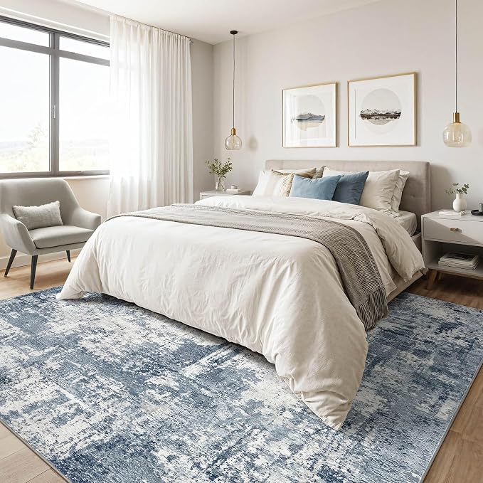 7x10 Area Rug Living Room: Washable Large Abstract Modern Soft Rug Stain Resistant Indoor Non-Slip Carpet for Bedroom Dining Room Nursery Kids Playroom Office Home House- Blue White