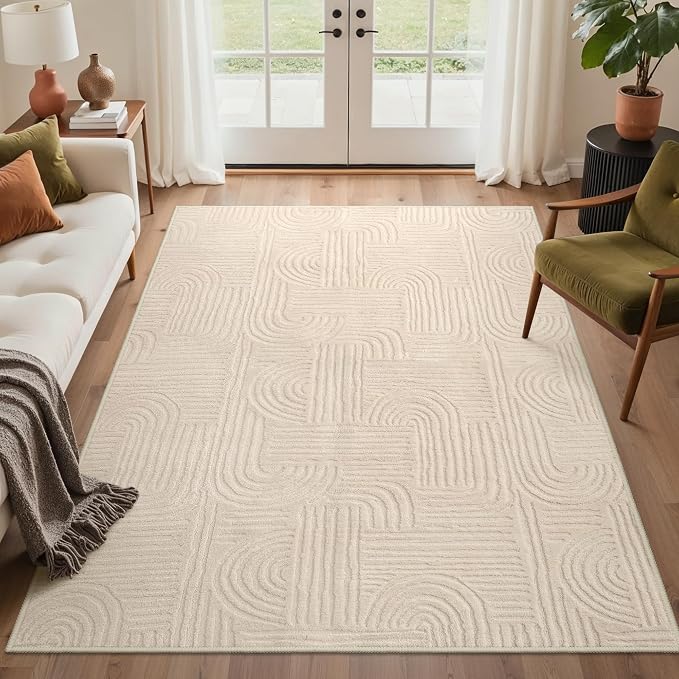 GENIMO Soft Washable Area Rugs 4x6, 3D Modern Arch Design Living Room Rug, High-Low Pile Textured Non Slip Fuzzy Shag Carpet, Non-Shedding Stain Resistant Beige Carpet for Bedroom, Entryway, Nursery