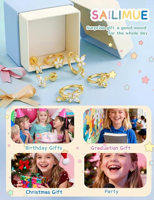 SAILIMUE Hypoallergenic Flat Back Earrings for Girls Women - Cute Toddler Kids Earrings Set Surgical Stainless Steel Earring for Sensitive Ears Small 14K Gold Plated Stud Hoop Earring Stacks