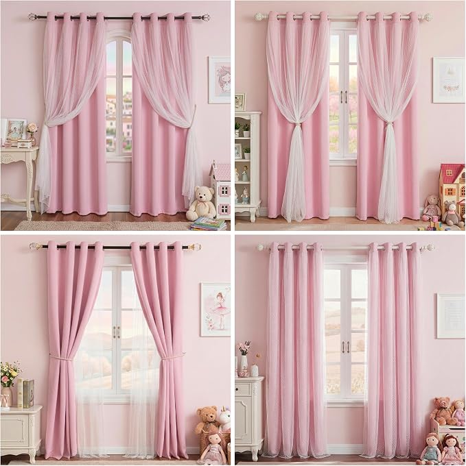 MYSKY HOME Baby Pink Curtains for Girls Bedroom 63 Inches Long with Polka Dots Sheer Overlay Light Pink Nursery Kids Room Blackout Drapes, Grommet Tops, 52" Wide, 2 Panels