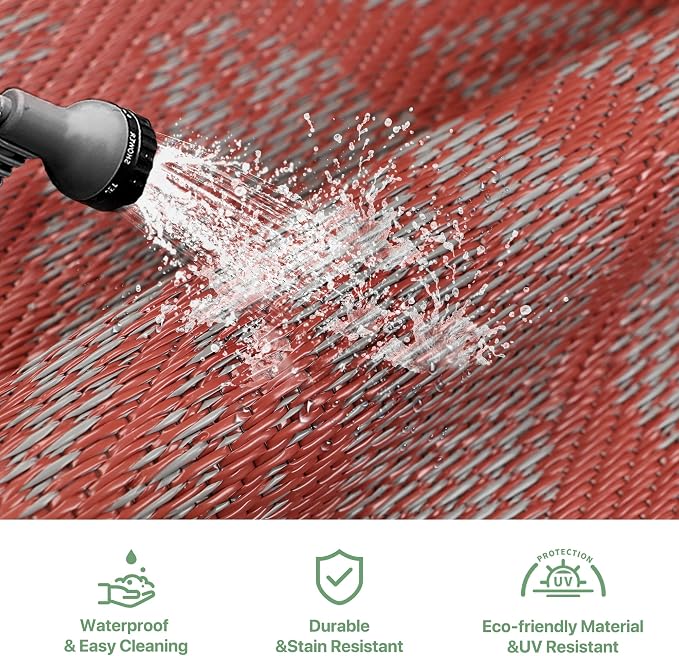 GENIMO Outdoor Rug, Waterproof Plastic Rugs for Patio, 9'x12' Red Grey | Outside Larger Leaf Carpet Mat for Porch Decor, Deck, Balcony, Camping, RV, Backyard, Picnic, Beach, Reversible, Foldable