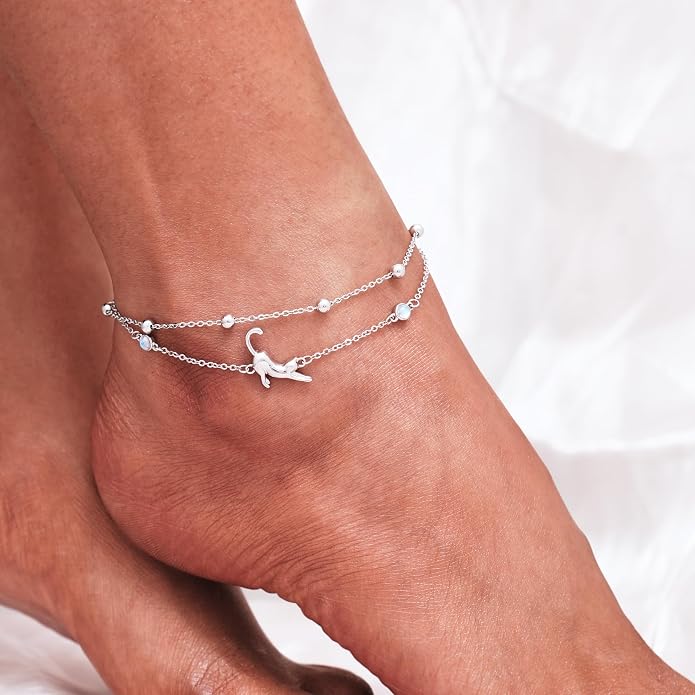CHIC & ARTSY 925 Sterling Silver Ankle Bracelets for Women, Adjustable Layered Foot Chains with Nature & Symbol Charms, Lightweight Comfort Fit Boho Beach Everyday Jewelry