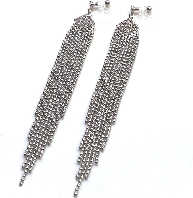 Dangle Silver Invisible Clip On Earrings for Women Not Pierced Gold Crystal Rhinestone Comfortable Hoop Fringe Long Chain Clip On Earrings