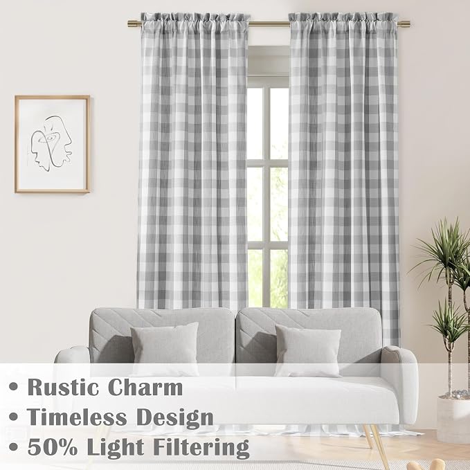 Gray White Gingham Buffalo Plaid Check Window Curtains 63 Inch | Farmhouse Semi Sheer Drapes,Rustic Rod Pocket Window Treatment for Bedroom Living Room,2 Panels,40"x63",Grey