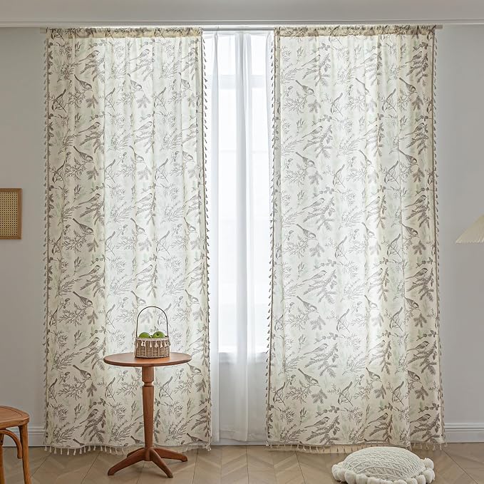 Bird Botanical Curtains 96 Inches Long, Boho Farmhouse Light Filtering Rod Pocket Drapes with Tassel Trim for Bedroom Living Room, 2 Panels