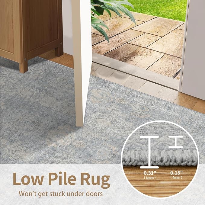 Rugxara 6x9 Area Rugs Washable Rug for Living Room Bedroom, Blue/Beige | Non Slip, Rug for Dining Room Office Farmhouse, Stain Resistant, Soft, Low Pile, Vintage Boho Floral Retro Carpet, Home Decor