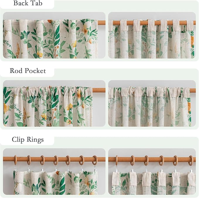 MYSKY HOME Green Floral Curtains 84 Inch Length Linen Blended Farmhouse Curtains for Living Room Bedroom Semi Sheer Sage Green Flower Cottage Curtain Drapes Back Tab 50" Wide Each Panel, 2 Panels