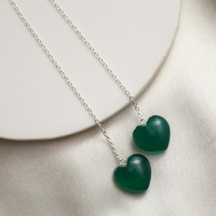 Gemstone Heart Shaped Threader Earrings in 925 Sterling Silver, Pull Through Adjustable, Versatile & Trendy, Perfect Valentine's Gift for Women, Choice of Gemstone Available