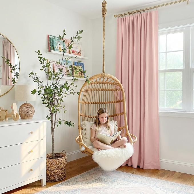 INOVADAY 100% Blackout Curtains for Bedroom, Blush Pink Black Out Curtains 108 Inch Long, Clip Rings Linen Blackout Drapes, Thermal Insulated Room Darkening for Living Room, 1 Panel - W102xL108