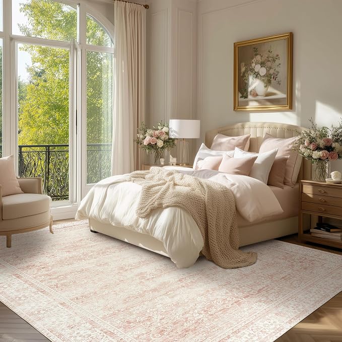 BILEEHOME Pink Washable 9x12 Area Rugs for Living Room Big Girls Bedroom Blush Pink Low Pile Soft Non Slip Neutral Boho Floral Extra Large Area Rug for Nursery Playroom Dining Room,9 by 12