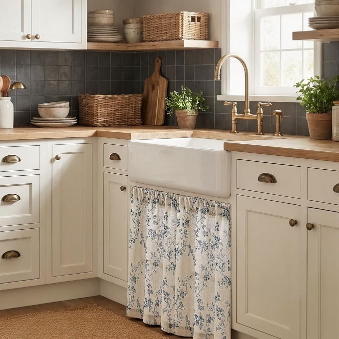 Lazzzy Elisa Floral Kitchen Curtains 36 Inch Linen Cafe Curtains Farmhouse Half Window Drapes Over Sink Light Filtering for Small Windows Rod Pocket Back Tab 2 Panels Blue on Beige