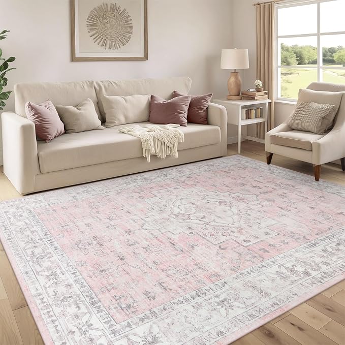 LIVEBOX Pink 8x10 Area Rug for Bedroom Girls, Boho Washable Rugs for Living Room Nursery, Non-Slip Indoor Soft Carpet Low-Pile Farmhouse Carpets for Dining Room Kids Playroom, Pink