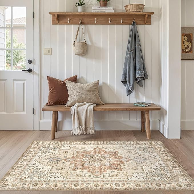 Tortania Area Rug Living Room Rugs - 3x5 Washable Rug Vintage Oriental Distressed Farmhouse Small Thin Indoor Carpet for Living Room Bedroom Under Dining Table Home Office - Rust/Cream