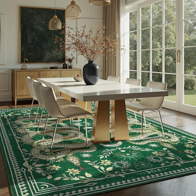 DCX Washable 6x9 Snake Rug, Green Gothic Rug for Living Room, Soft Low Pile Carpet, Kid & Pet Friendly with Rubber Back Non Slip, Stain Resistant Rug for Bedroom Dining Room Office