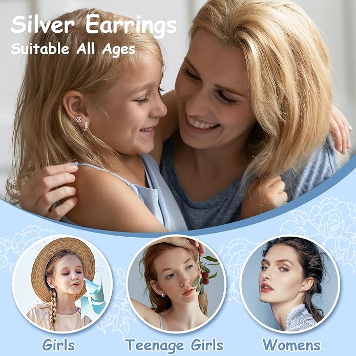 YADOCA 𝟵𝟮𝟱 𝗦𝘁𝗲𝗿𝗹𝗶𝗻𝗴 𝗦𝗶𝗹𝘃𝗲𝗿 Earrings for Girls Women - Hypoallergenic Cute Kids Toddler Earrings - Cubic Zirconia Earrings Studs Hoop Set for Sensitive Ears
