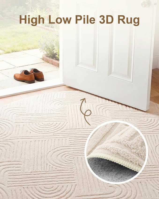 Carvapet 5.2' Round Rug Beige Washable High Low Pile Area Rugs Soft Plush Carpet for Living Room Bedroom Non Slip Indoor Floor Rug for Home Kids Nursery Decor