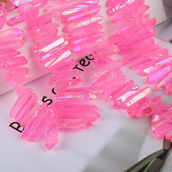 TUMBEELLUWA Rock Quartz Crystal Points Loose Beads for Jewelry Making, Titanium Coated Polished/Raw Quartz Beads 15 Inches Top Drilled,Hot Pink Crystal Points(0.5"-1.6")