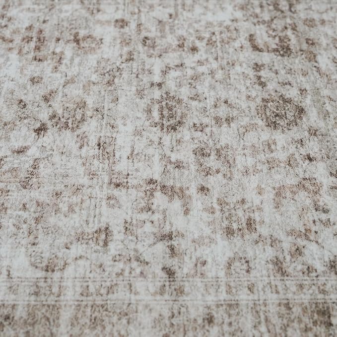 7x7 Square Rug for Living Room: Washable Ultra Thin Soft Rugs for Bedroom Dining Room Home Office Oriental Stain Resistant Carpets with Non-Slip Backing Farmhouse Home Decor Mat 7x7 Beige Brown