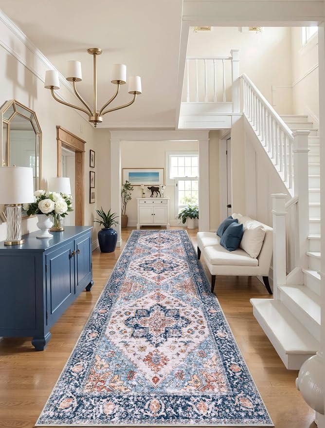 SERISSA Runner Rug for Hallways, 3x10 Washable Non Slip Kitchen Runner Rug, Long Boho Rug Vintage Blue Orange Hallway Stair Ultra Soft Print Floor Carpet for Bedroom Bathroom Laundry Room