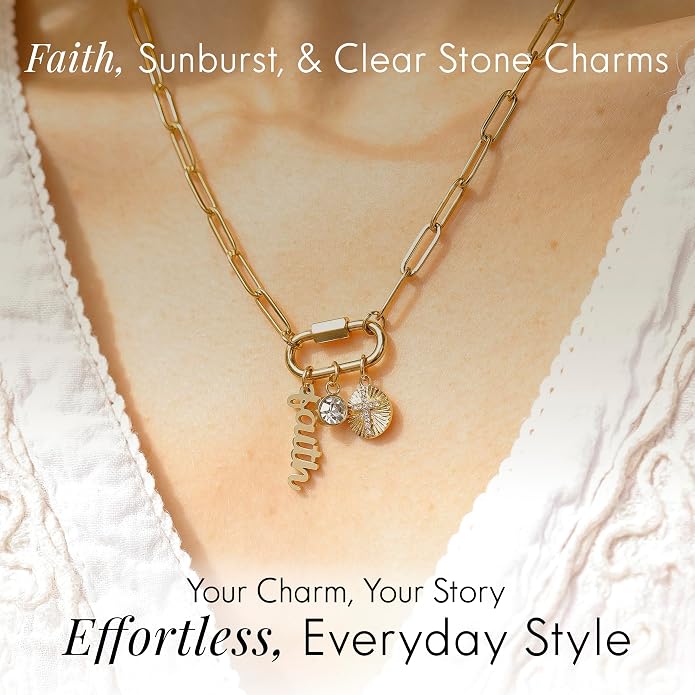 Destin Jewelry 18K Gold PVD Faith Charm Necklace for Women, Chunky Paperclip Chain with Carabiner Charm Keeper and Message, Stainless Steel Necklace 18"+2"