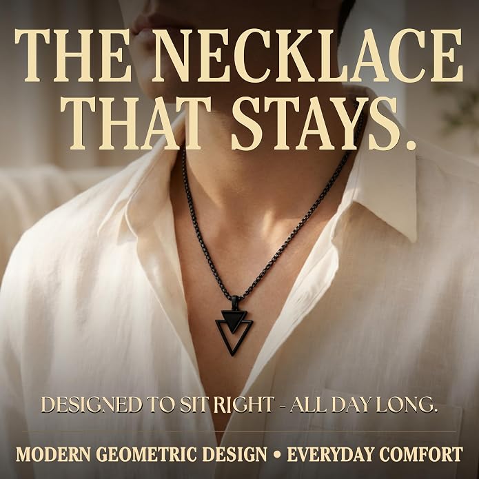 Galis Mens Necklace - Premium Stainless Steel Silver Chain Necklace, Non Tarnish, Chains, Triangle, Cross, Black Enamel, Compass Pendant, Stylish Jewelry - Gift for Him 24"