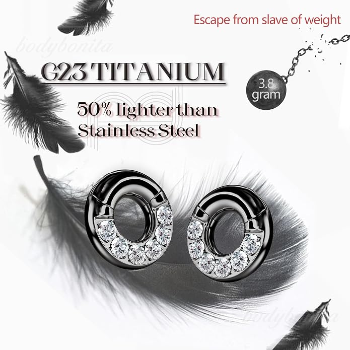BodyBonita G23 Titanium 0G 2G 4G 6G 8G 10G 12G 14G CZ Septum Rings PA Nose Hoops Clicker Ear Weights for Stretched Ear Piercing Jewelry 10mm 12mm Silver/Gold/Black